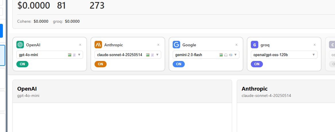 プロバイダー選択画面 - OpenAI, Anthropic, Google, groqなどのモデルをON/OFFで切り替え